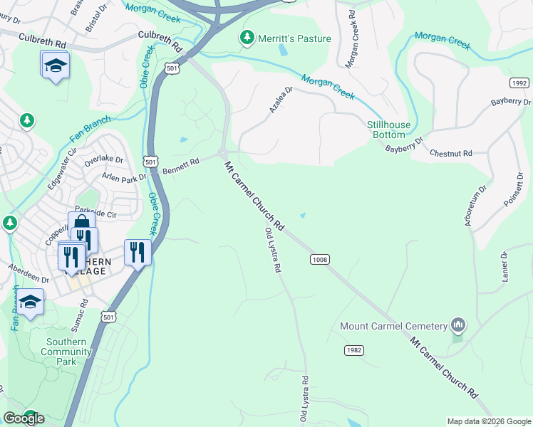 map of restaurants, bars, coffee shops, grocery stores, and more near State Road 1915 in Chapel Hill