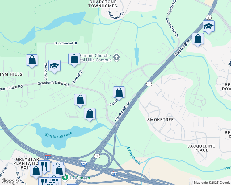 map of restaurants, bars, coffee shops, grocery stores, and more near 7100 Homestead Heights Lane in Raleigh