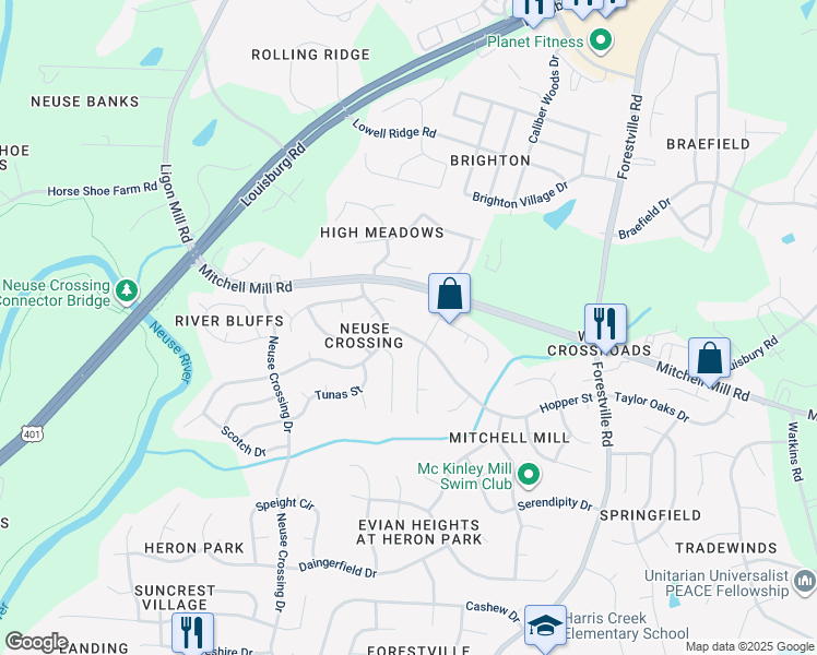 map of restaurants, bars, coffee shops, grocery stores, and more near 3613 Hopper Street in Raleigh