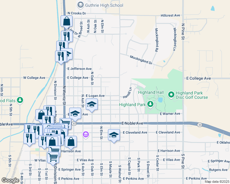 map of restaurants, bars, coffee shops, grocery stores, and more near 720 East Logan Avenue in Guthrie