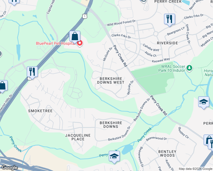 map of restaurants, bars, coffee shops, grocery stores, and more near 8121 McGuire Drive in Raleigh