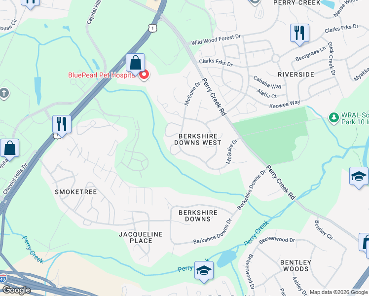 map of restaurants, bars, coffee shops, grocery stores, and more near 8109 Farmlea Circle in Raleigh