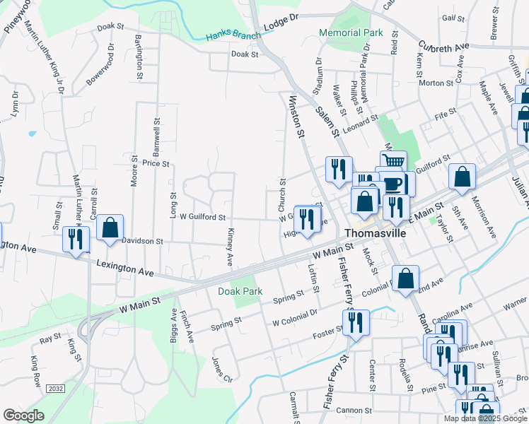 map of restaurants, bars, coffee shops, grocery stores, and more near 18 Church Street in Thomasville