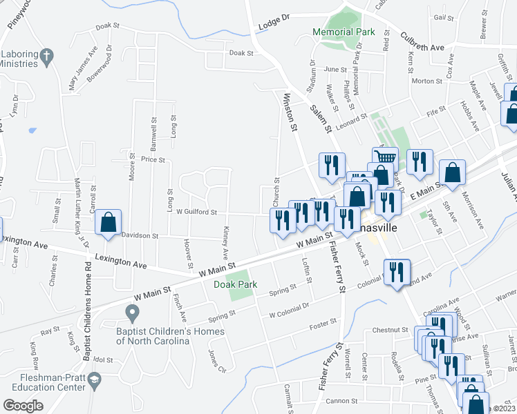 map of restaurants, bars, coffee shops, grocery stores, and more near 206 Fieldcrest Street in Thomasville