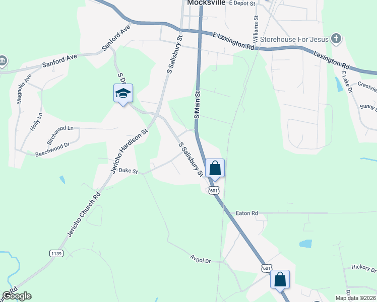 map of restaurants, bars, coffee shops, grocery stores, and more near 800 South Salisbury Street in Mocksville