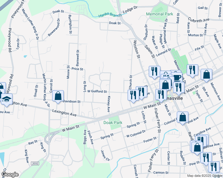 map of restaurants, bars, coffee shops, grocery stores, and more near 114 Kinney Avenue in Thomasville