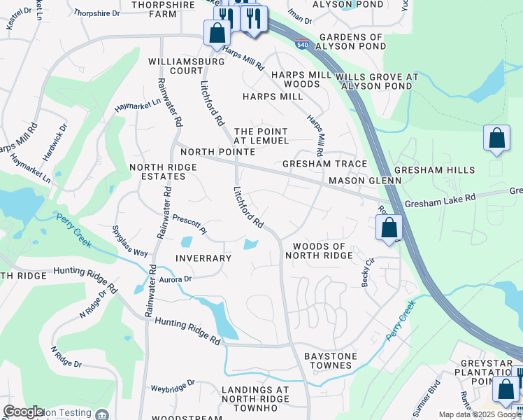 map of restaurants, bars, coffee shops, grocery stores, and more near 7608 Litchford Road in Raleigh
