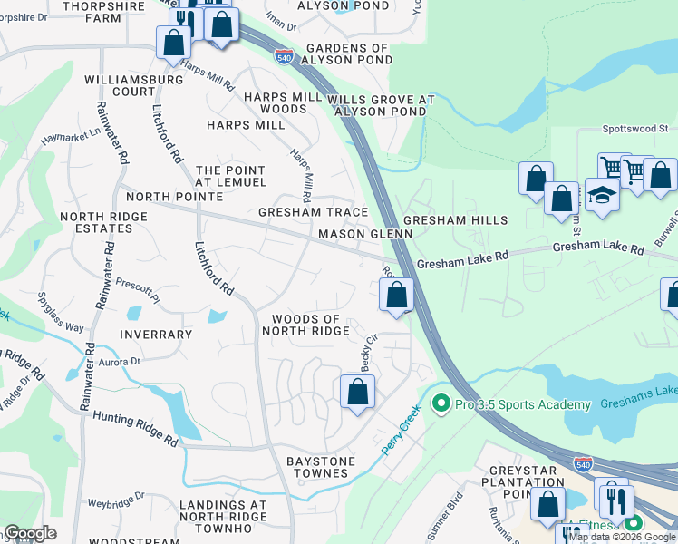 map of restaurants, bars, coffee shops, grocery stores, and more near 7416 Wisconsin Court in Raleigh