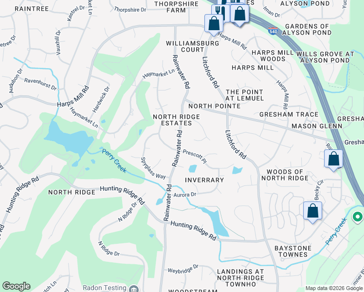map of restaurants, bars, coffee shops, grocery stores, and more near 7400 Rainwater Road in Raleigh