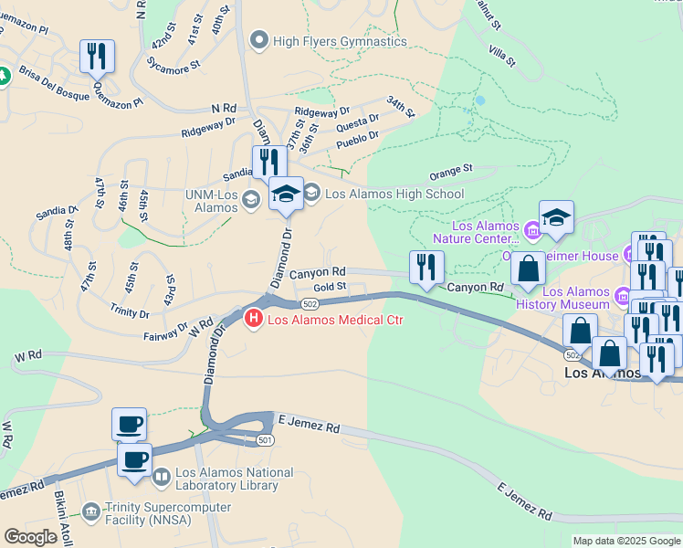 map of restaurants, bars, coffee shops, grocery stores, and more near 3700 Canyon Road in Los Alamos
