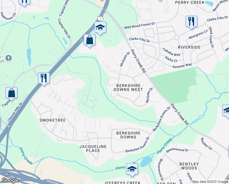 map of restaurants, bars, coffee shops, grocery stores, and more near 8201 Merriweather Circle in Raleigh