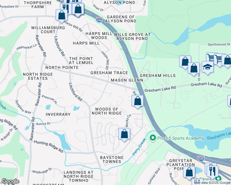 map of restaurants, bars, coffee shops, grocery stores, and more near 2512 Gresham Lake Road in Raleigh