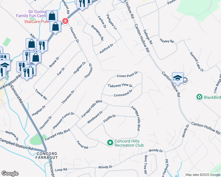 map of restaurants, bars, coffee shops, grocery stores, and more near 11139 Crown Point Drive in Knoxville