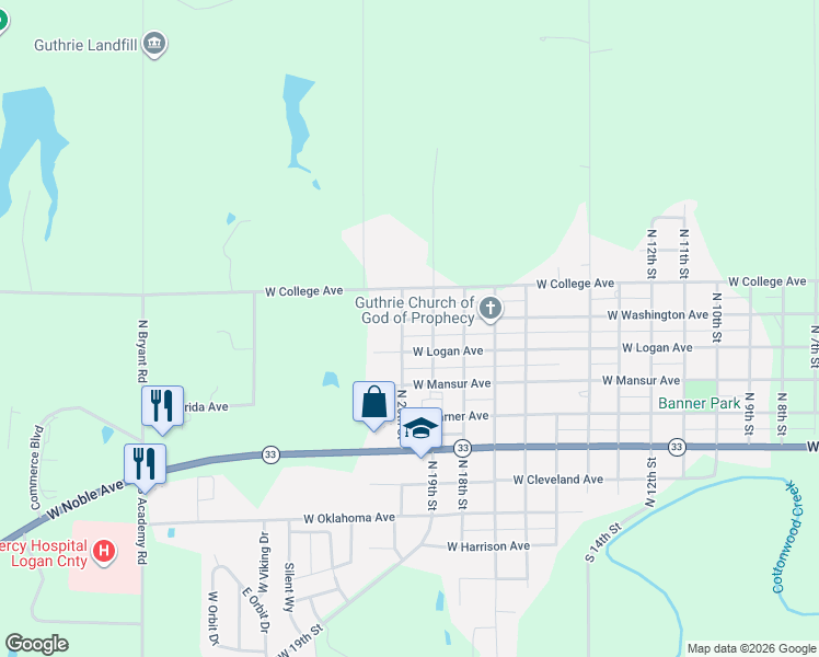 map of restaurants, bars, coffee shops, grocery stores, and more near 713 North 20th Street in Guthrie