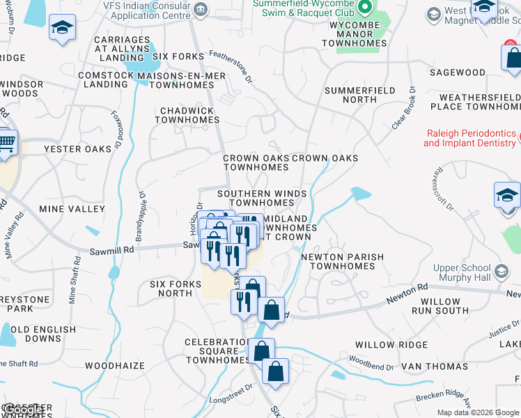 map of restaurants, bars, coffee shops, grocery stores, and more near 7601 Huey Court in Raleigh