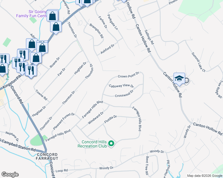 map of restaurants, bars, coffee shops, grocery stores, and more near 11139 Crown Point Drive in Knoxville