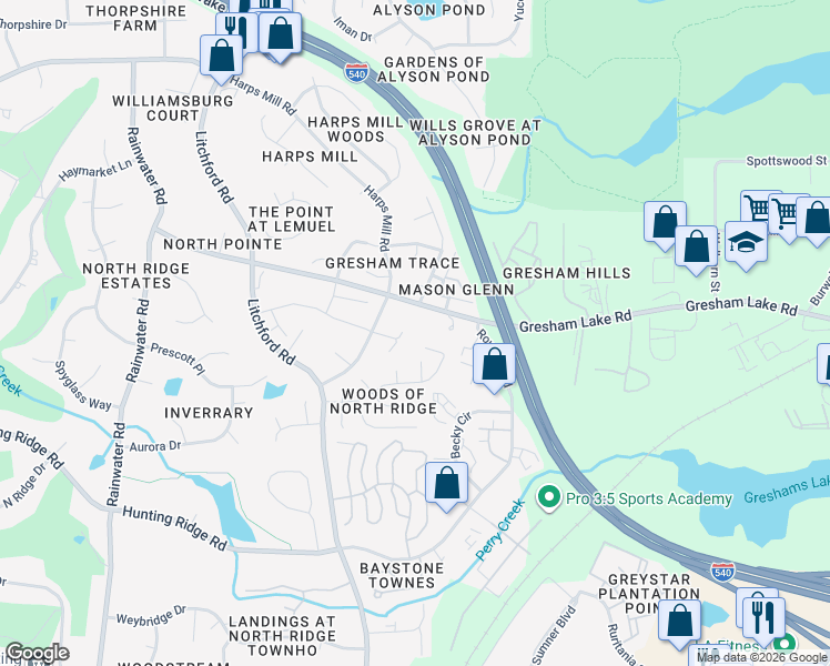 map of restaurants, bars, coffee shops, grocery stores, and more near 2512 Gresham Lake Road in Raleigh