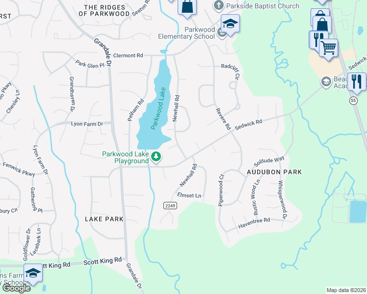 map of restaurants, bars, coffee shops, grocery stores, and more near 5601 Newhall Road in Durham