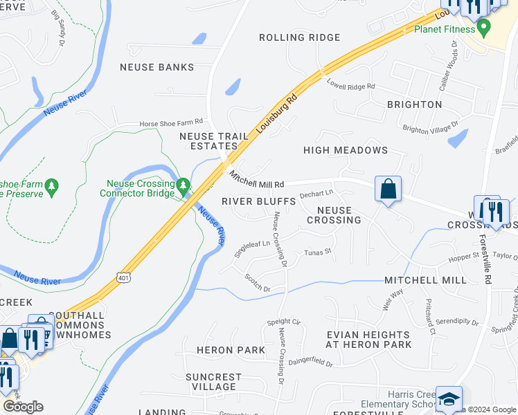map of restaurants, bars, coffee shops, grocery stores, and more near 3209 Forest Mill Circle in Raleigh