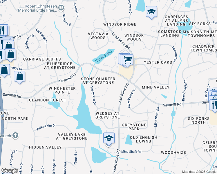 map of restaurants, bars, coffee shops, grocery stores, and more near 7544 Milestone Court in Raleigh