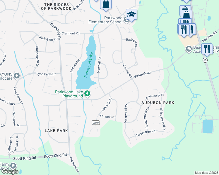 map of restaurants, bars, coffee shops, grocery stores, and more near 5608 Buttonwood Court in Durham