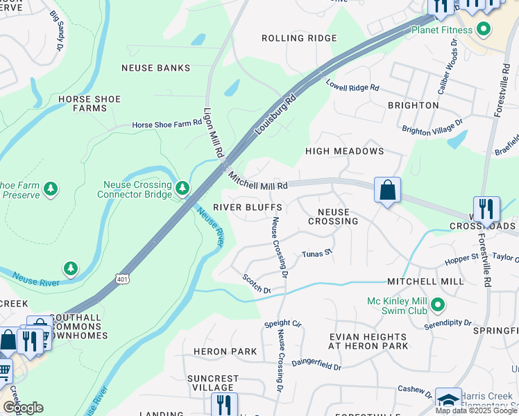map of restaurants, bars, coffee shops, grocery stores, and more near 3209 Forest Mill Circle in Raleigh