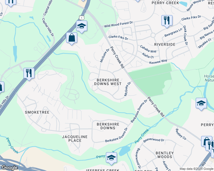map of restaurants, bars, coffee shops, grocery stores, and more near 8142 McGuire Drive in Raleigh