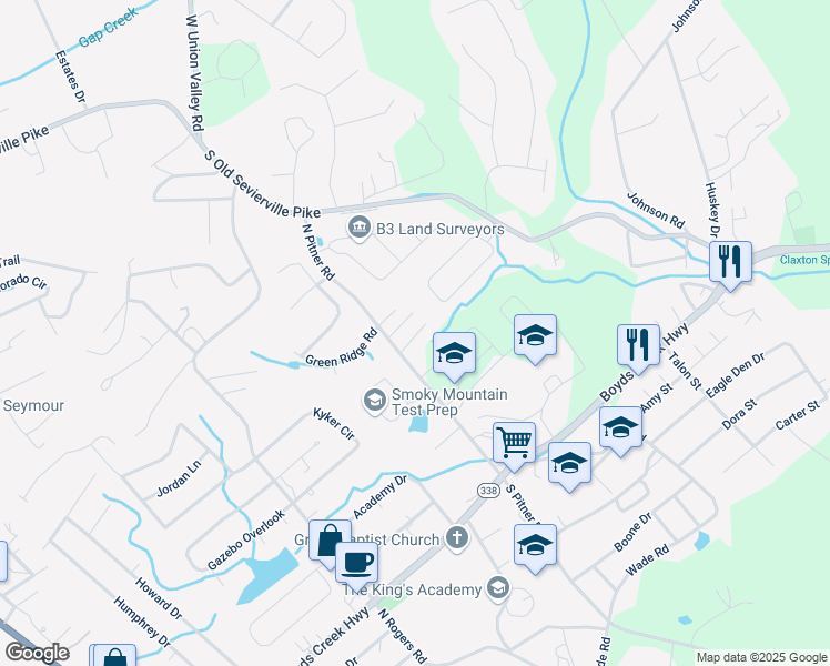 map of restaurants, bars, coffee shops, grocery stores, and more near 1 North Pitner Road in Seymour