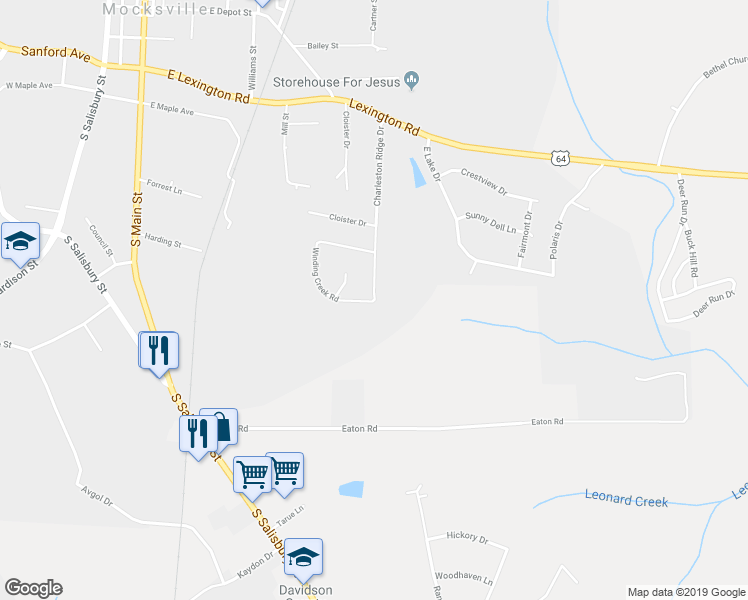map of restaurants, bars, coffee shops, grocery stores, and more near 296 Winding Creek Road in Mocksville