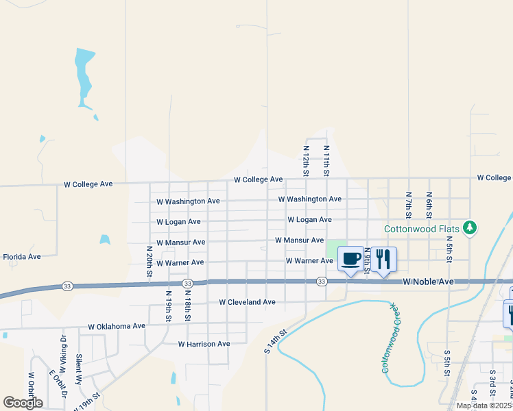 map of restaurants, bars, coffee shops, grocery stores, and more near 1502 West Washington Avenue in Guthrie