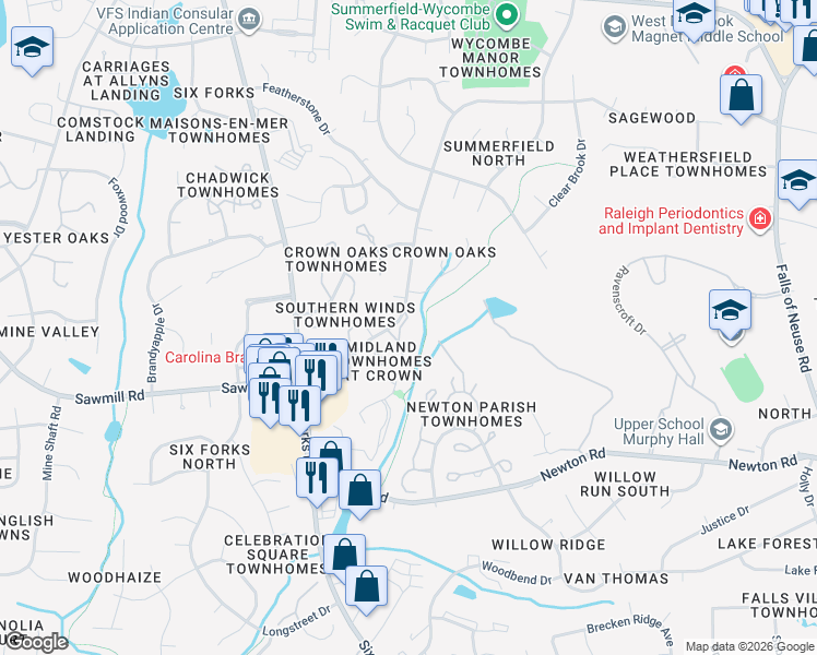 map of restaurants, bars, coffee shops, grocery stores, and more near 7766 Sandra Lane in Raleigh