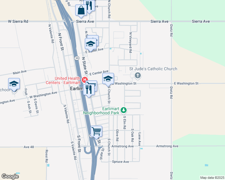 map of restaurants, bars, coffee shops, grocery stores, and more near 192 South Church Street in Earlimart