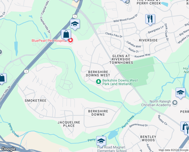map of restaurants, bars, coffee shops, grocery stores, and more near 8156 McGuire Drive in Raleigh