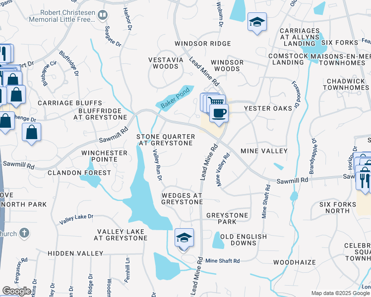 map of restaurants, bars, coffee shops, grocery stores, and more near 7544 Milestone Court in Raleigh