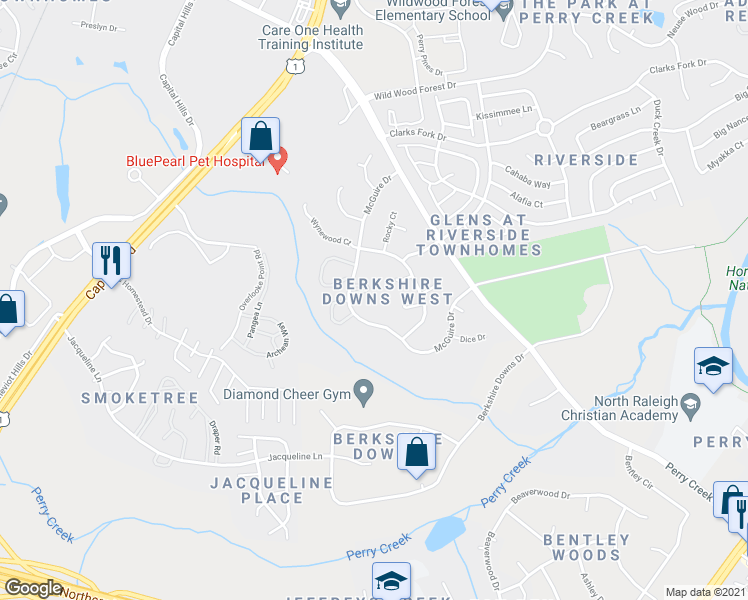 map of restaurants, bars, coffee shops, grocery stores, and more near 8230 McGuire Drive in Raleigh