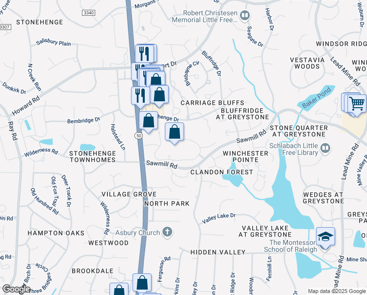 map of restaurants, bars, coffee shops, grocery stores, and more near 1500 Sawmill Road in Raleigh