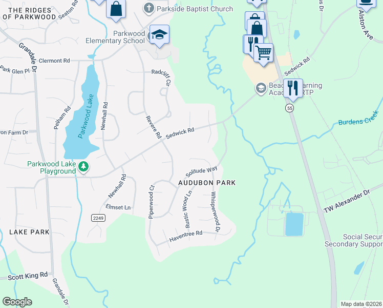 map of restaurants, bars, coffee shops, grocery stores, and more near 1526 Sedwick Road in Durham