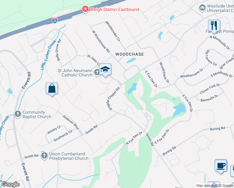 map of restaurants, bars, coffee shops, grocery stores, and more near 12008 Grigsby Chapel Road in Knoxville