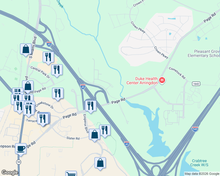 map of restaurants, bars, coffee shops, grocery stores, and more near 4916 Old Page Road in Durham
