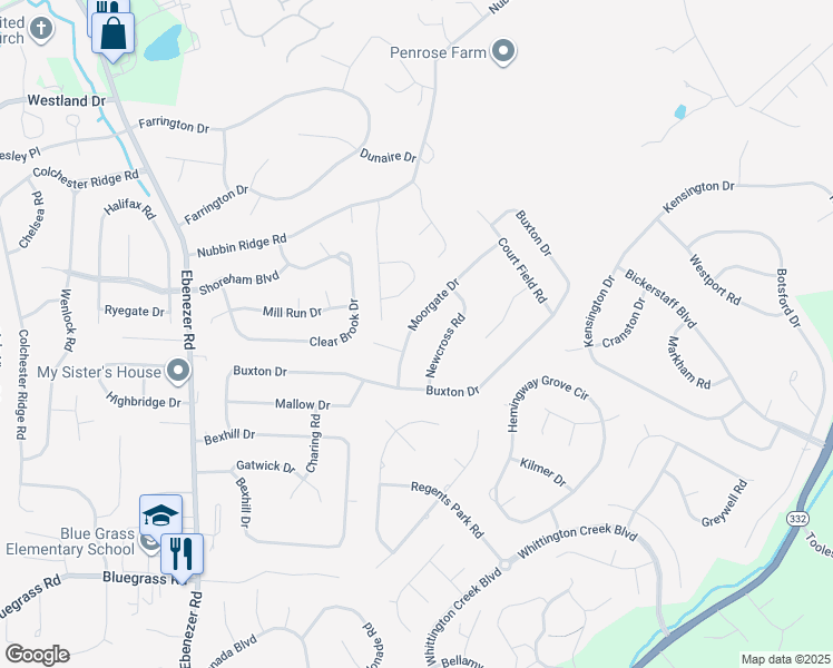 map of restaurants, bars, coffee shops, grocery stores, and more near 1516 Moorgate Drive in Knoxville