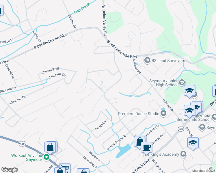 map of restaurants, bars, coffee shops, grocery stores, and more near 613 Chilhowee School Road in Seymour
