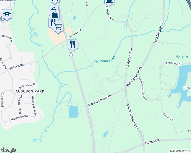 map of restaurants, bars, coffee shops, grocery stores, and more near 5529 Highway 55 in Durham