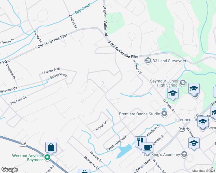 map of restaurants, bars, coffee shops, grocery stores, and more near 613 Chilhowee School Road in Seymour