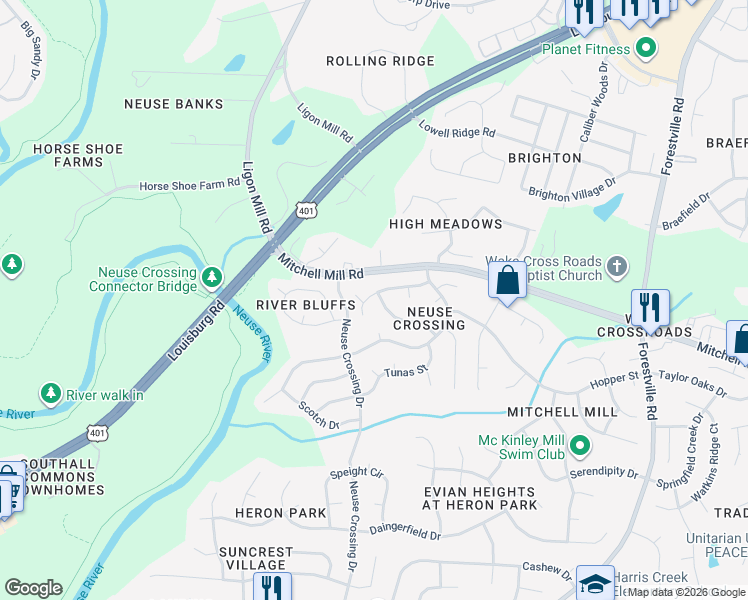 map of restaurants, bars, coffee shops, grocery stores, and more near 3521 Dechart Lane in Raleigh