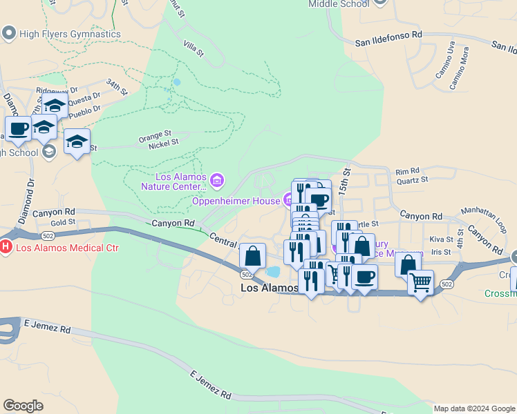map of restaurants, bars, coffee shops, grocery stores, and more near 1876 24th Street in Los Alamos