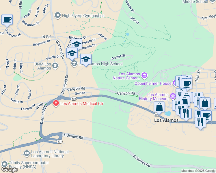 map of restaurants, bars, coffee shops, grocery stores, and more near 3200 Canyon Road in Los Alamos