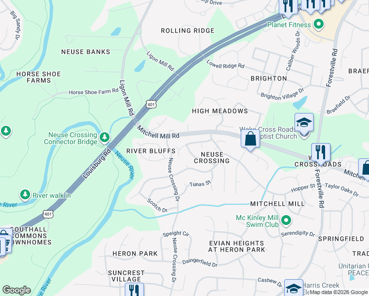 map of restaurants, bars, coffee shops, grocery stores, and more near 3521 Dechart Lane in Raleigh