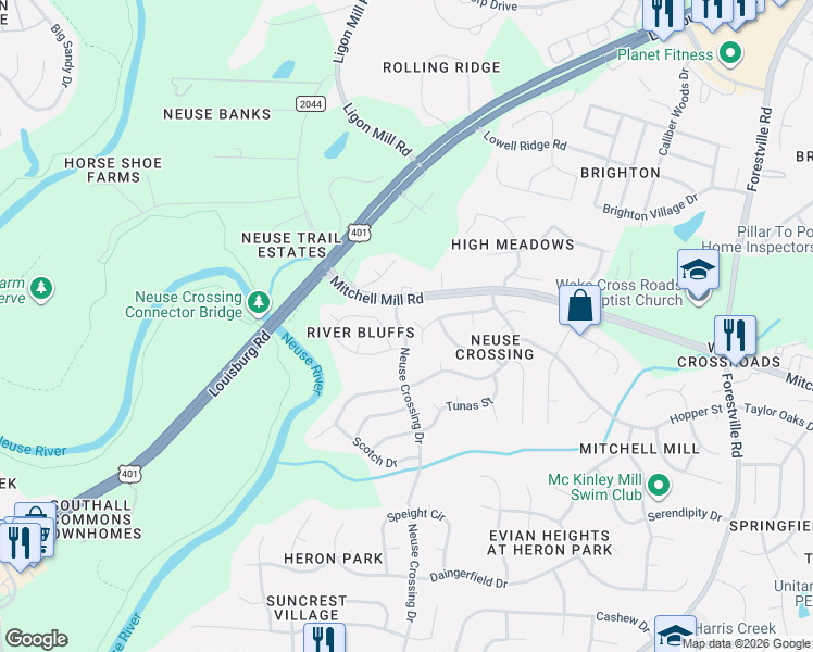 map of restaurants, bars, coffee shops, grocery stores, and more near 3521 Dechart Lane in Raleigh