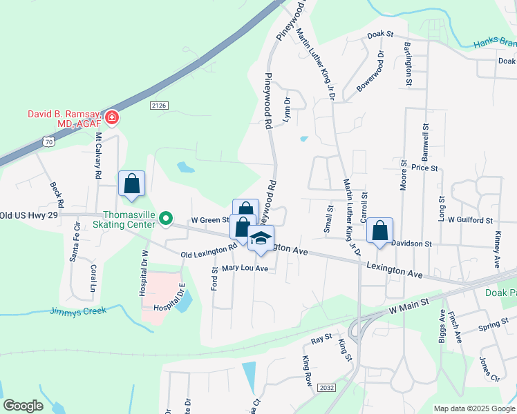 map of restaurants, bars, coffee shops, grocery stores, and more near 305 Pineywood Road in Thomasville
