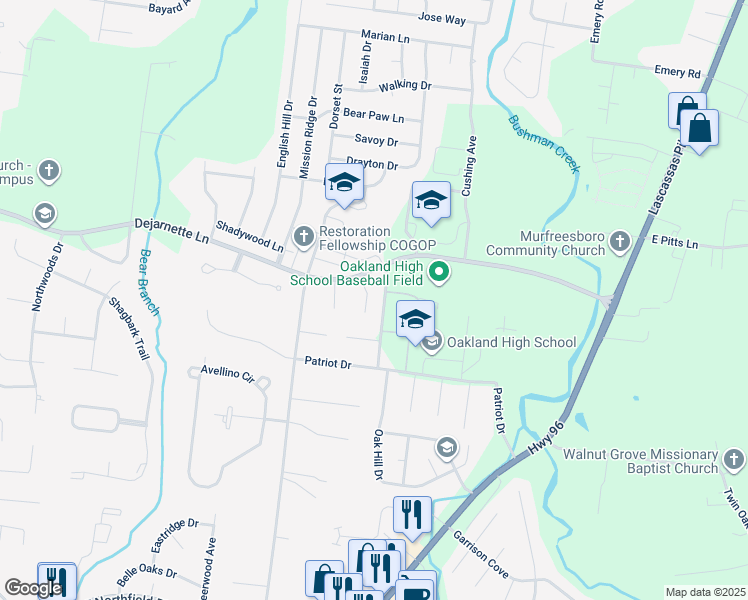 map of restaurants, bars, coffee shops, grocery stores, and more near 748 Dejarnette Lane in Murfreesboro